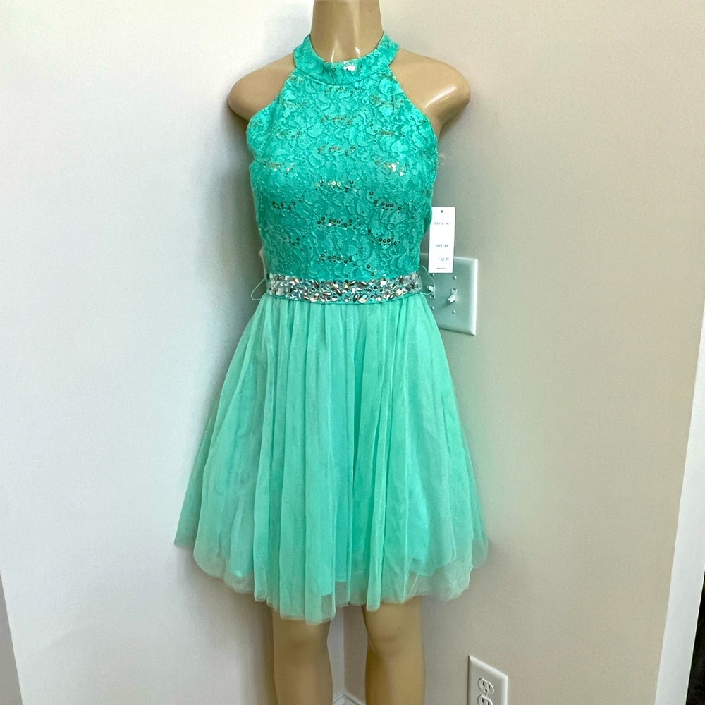 Juno mint high neck lace and tulle dress